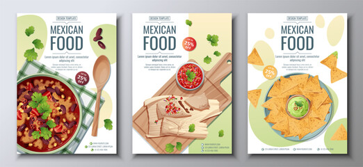 Mexican food flyer set on a green background. Tamales, nachos and bean soup. Banner, menu, poster, advertisement of traditional Mexican food.