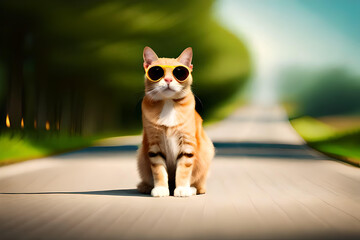 A cat wearing yellow sunglasses sits on a road.
