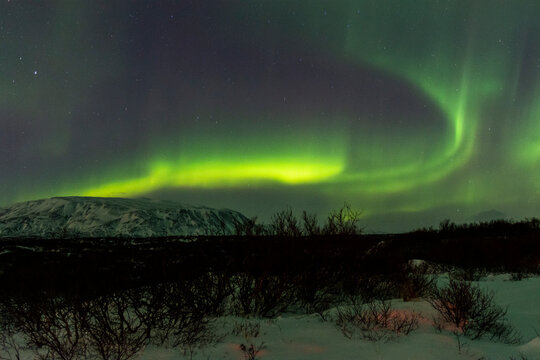 imagen de un paisaje nocturno nevado con montañas al fondo y una aurora boreal en el cielo 