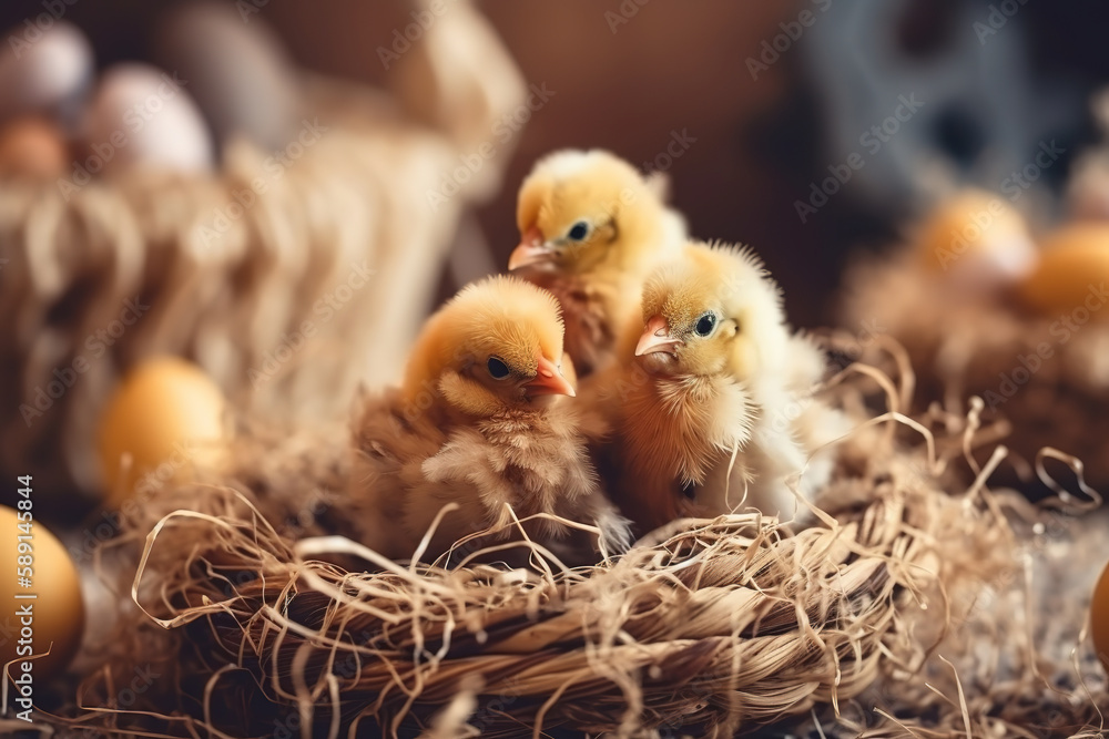 Wall mural Little cute baby chicks in a bucket, playing at home, yellow newborn baby chicks