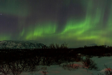 imagen de un paisaje nocturno nevado, con monta&ntilde;as de fondo, y una aurora boreal sobre el cielo de Islandia 