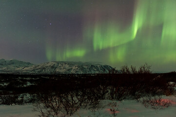 imagen de un paisaje nocturno con una aurora boreal en el cielo de Islandia  - obrazy, fototapety, plakaty