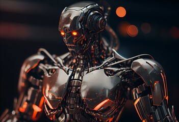 Plakat robot, technology, machine, futuristic, science fiction, artificial intelligence, automation, cyborg, metal, innovation, science. Generative AI