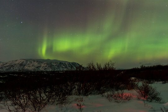 imagen de un paisaje nocturno nevado con una aurora boreal en el cielo