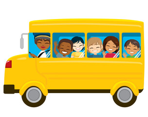 Vector illustration of bus riding to school. Pupil kids on yellow transport