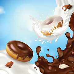 Realistic Detailed 3d Milk Chocolate Donuts with Milky Splash Effect Concept Background. Vector illustration of Doughnut