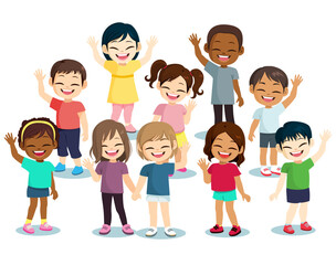 Vector illustration collection of isolated little children waving. Cheerful elementary school students cartoon characters saying hello