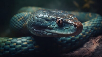 Fototapeta premium Serpent's Gaze: Realistic Blue Snake Illustration, Generative AI