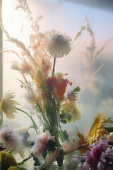 Morning beautiful concept, gentle nature, fresh Spring meadow flowers in morning fog and smoke. Pastel pink background and sharp shadow. Generative AI.