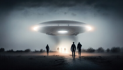 Close encounter of the third kind with a UFO flying saucer spaceship from outer space creating an alien abduction sighting phenomenon of human beings, computer Generative AI stock illustration