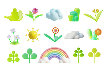 Summertime Concept Element Set Plasticine Cartoon Style Include of Flower, Plant, Sun and Rainbow . Vector illustration