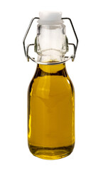Extra virgin olive oil in small bottle with hermetic mechanical cap, isolated