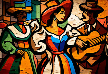 Mexican Flamenco dancers celebrating Cinco de Mayo which is Mexico independence day in an abstract cubist style painting for a poster or flyer, computer Generative AI stock illustration image