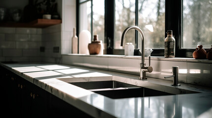 Minimalist and elegant kitchen with a white countertop, a sink, and a faucet, natural light.