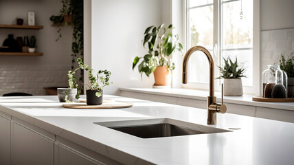 Minimalist and elegant kitchen with a white countertop, a sink, and a faucet, natural light.