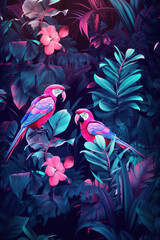 Tropical background exotic fresh neon lights Summer palm leaves, plants and parrot in vivid colorful neon colors, seamless illustration pattern. Generative AI.
