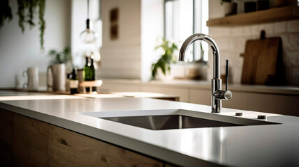 Minimalist and elegant kitchen with a white countertop, a sink, and a faucet, natural light.