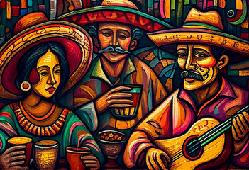 Fototapeta na wymiar Mexican Flamenco dancers celebrating Cinco de Mayo which is Mexico independence day in an abstract cubist style painting for a poster or flyer, computer Generative AI stock illustration image