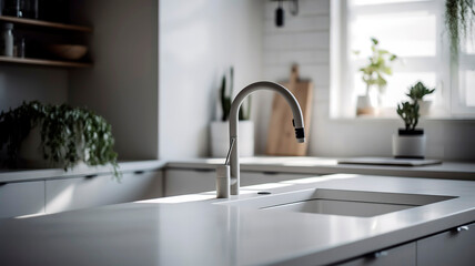 Minimalist and elegant kitchen with a white countertop, a sink, and a faucet, natural light.