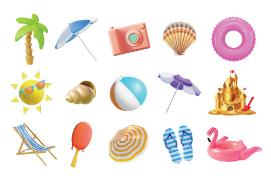 Summer Travel and Tourism Concept Element Plasticine Cartoon Style Set Include of Sun, Umbrella and Ball. Vector illustration