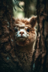 Alpaca  Peeking Out From Fairytale Forest Tree Generative Ai Digital Illustration Part#030423