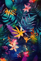 Seamless pattern tropical background, illustration of exotic summer leaf and plants in vivid colorful colors, flat lay. Generative AI.