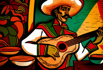 Mexican Flamenco guitarist celebrating Cinco de Mayo which is Mexico independence day in an abstract cubist style painting for a poster or flyer, computer Generative AI stock illustration image