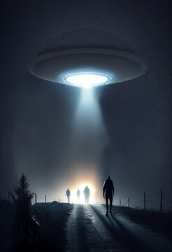 Close encounter of the third kind with a UFO flying saucer spaceship from outer space creating an alien abduction sighting phenomenon of human beings, computer Generative AI stock illustration image