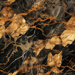Seamless texture pattern of liquid gold and ebony black marble, generative AI