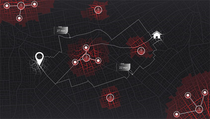 City Navigation and GPS map: Vector Illustrations of Urban Districts, Roads, and Landmarks. Top-Down View. Closed area, district, road. Detailed view of city from above. City top view. Red Sign.