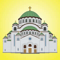 Vector of a stone cathedral with a green roof on a yellow background