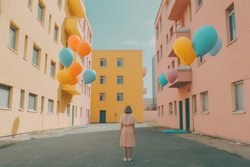 The landscape of the town square, residential buildings in pastel colors and colorful balloons flying everywhere and decorating the street. Generative AI. - obrazy, fototapety, plakaty