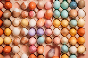 Creative Spring Easter concept, painted decorated pastel eggs in box. Flat lay with copy space. Festive colors and family atmosphere. Generative AI.
