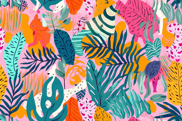 Fototapeta na wymiar Seamless pattern tropical background, illustration of exotic summer leaf and plants in vivid colorful colors, flat lay. Generative AI.