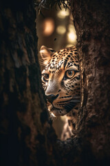 Leopard Peeking Out From Fairytale Forest Tree Generative Ai Digital Illustration Part#030423