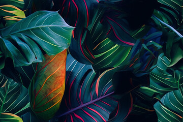 Tropical background exotic fresh green Summer palm leaves and plants in vivid colorful neon colors, flat lay of seamless pattern. Generative AI.