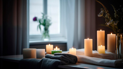 Beautiful and relaxing spa with candles, flowers, and towels. natural light coming from the window.