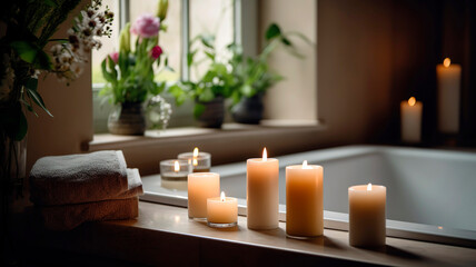 Beautiful and relaxing spa with candles, flowers, and towels. natural light coming from the window.
