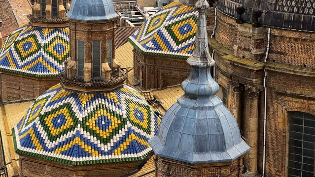 Aerial view on the roofs of Basilica of Our Lady of the Pilar in Zaragoza, Spain. High quality 4k footage