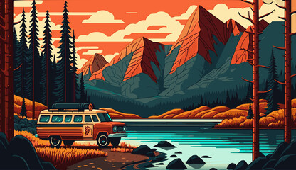 A summer roadtrip with a stylish family car into the forests and mountains. Vector art. Generative AI tachnology.