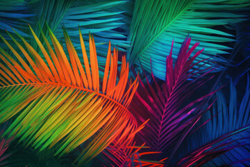 Tropical background exotic fresh green Summer palm leaves and plants in vivid colorful neon colors, flat lay of seamless pattern. Generative AI.