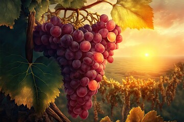Fototapeta premium The perfect bunch of red grapes on a vineyard branch at sunset, created with generative ai