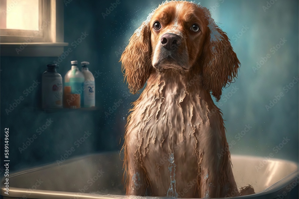 Poster Funny portrait of cute wet dog showering with shampoo, taking bubble bath, created with generative ai