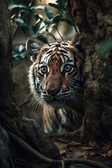 Tiger  Peeking Out From Fairytale Forest Tree Generative Ai Digital Illustration Part#030423