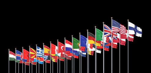 Flags of NATO - North Atlantic Treaty Organization and Finland.  - 3D illustration.  Isolated on black background.