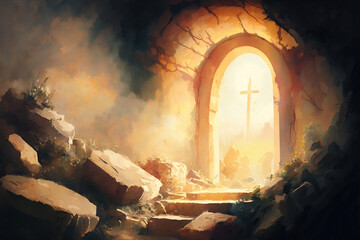 Easter Sunday concept: Empty tomb stone over meadow sunset background, AI-generated