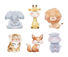 Watercolor set of baby animals