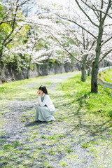 桜の花を見るショートヘアの女性
