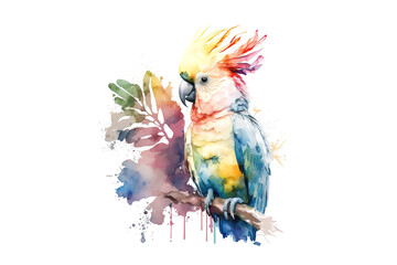 cockatoo parrot painted with multicolored watercolors isolated on a white background. Generated by AI
