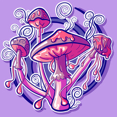 Pink and purple vector illustration of LSD mushrooms with spores. Psychedelic psylocybin shrooms vector. Vibrant colorful drugs and trippy visual